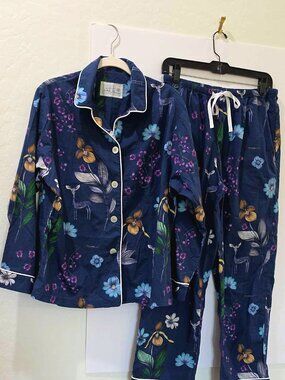 The Cat's Pajamas Womens MEDIUM Navy Floral Deer Cotton 2-Piece Pajama Set